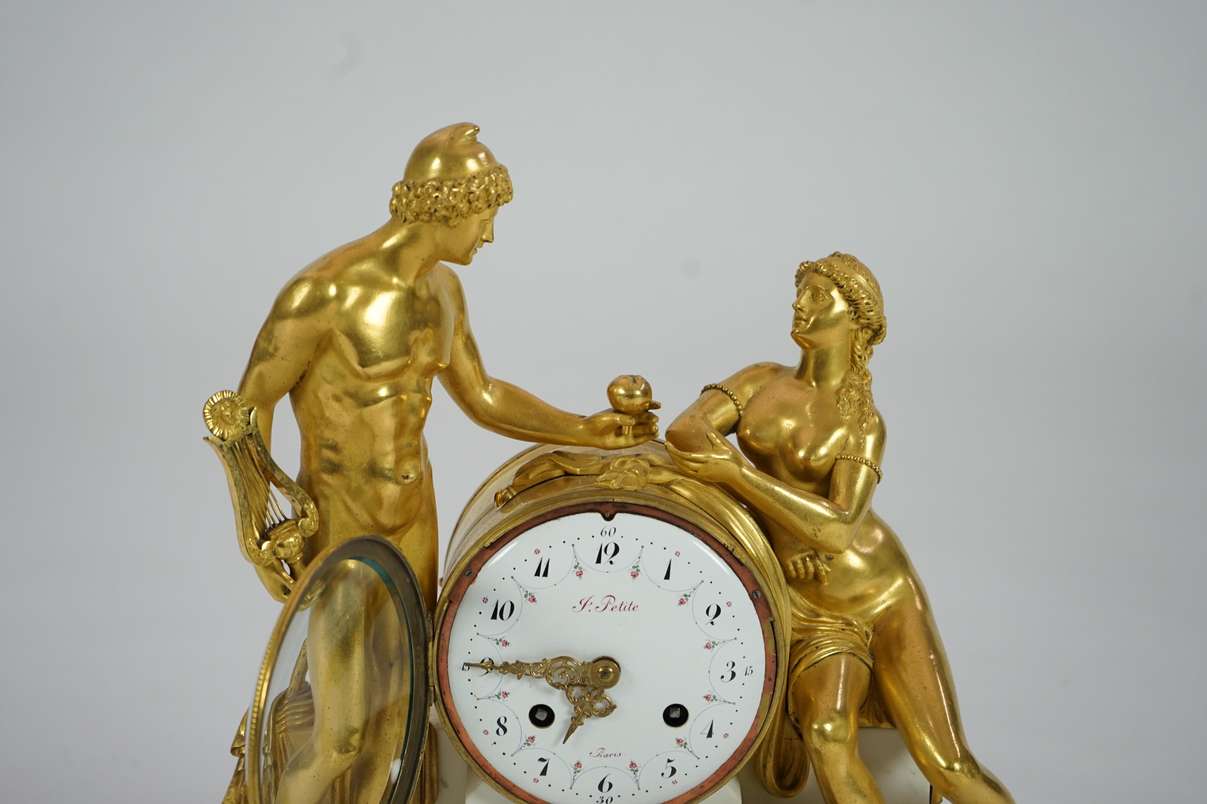 J. Petite of Paris. A 19th century French ormolu and white marble eight day mantel clock